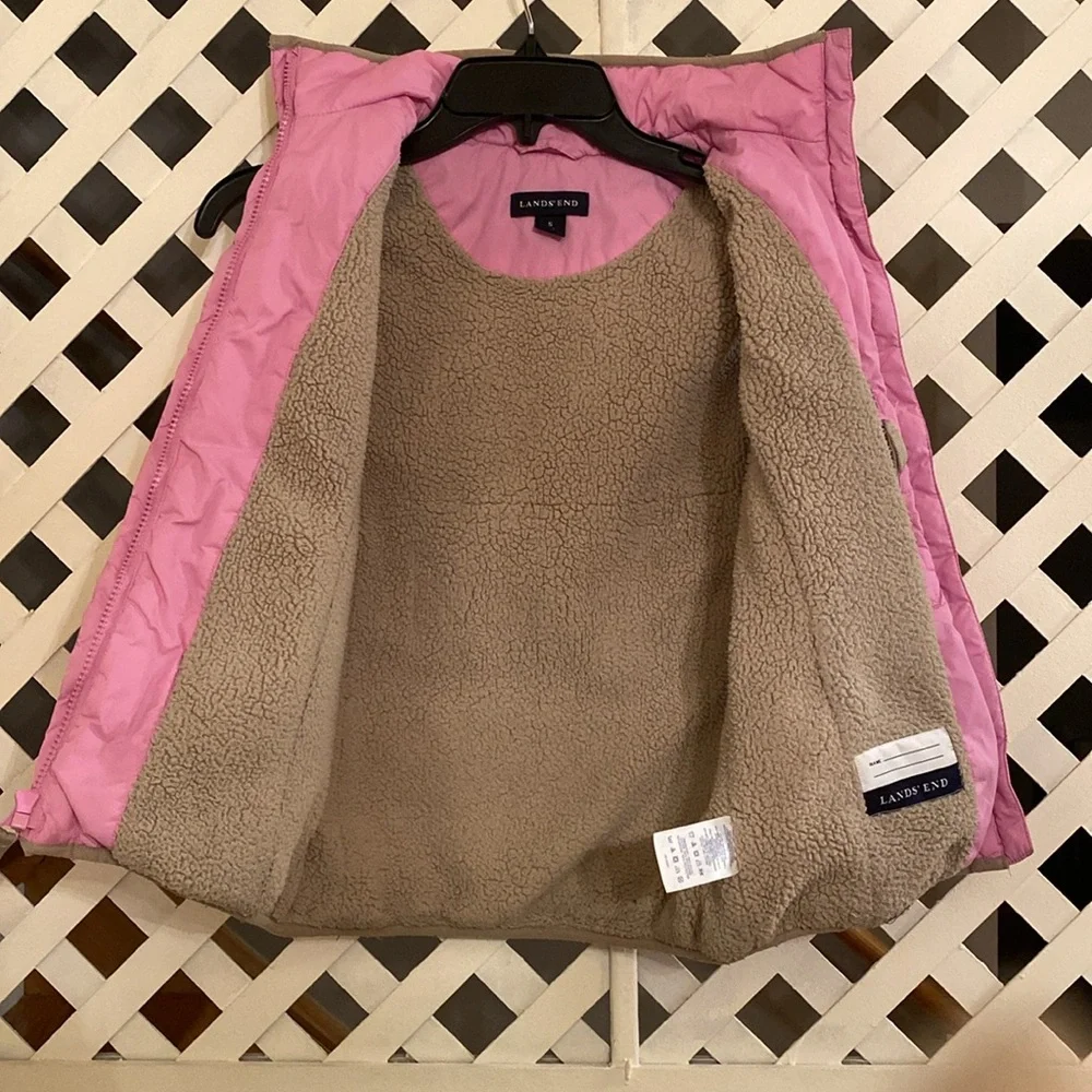 Lands’ End Girls Fleece Lined Vest Pink Cotton Candy Size 7/8 Zip Pockets Warm